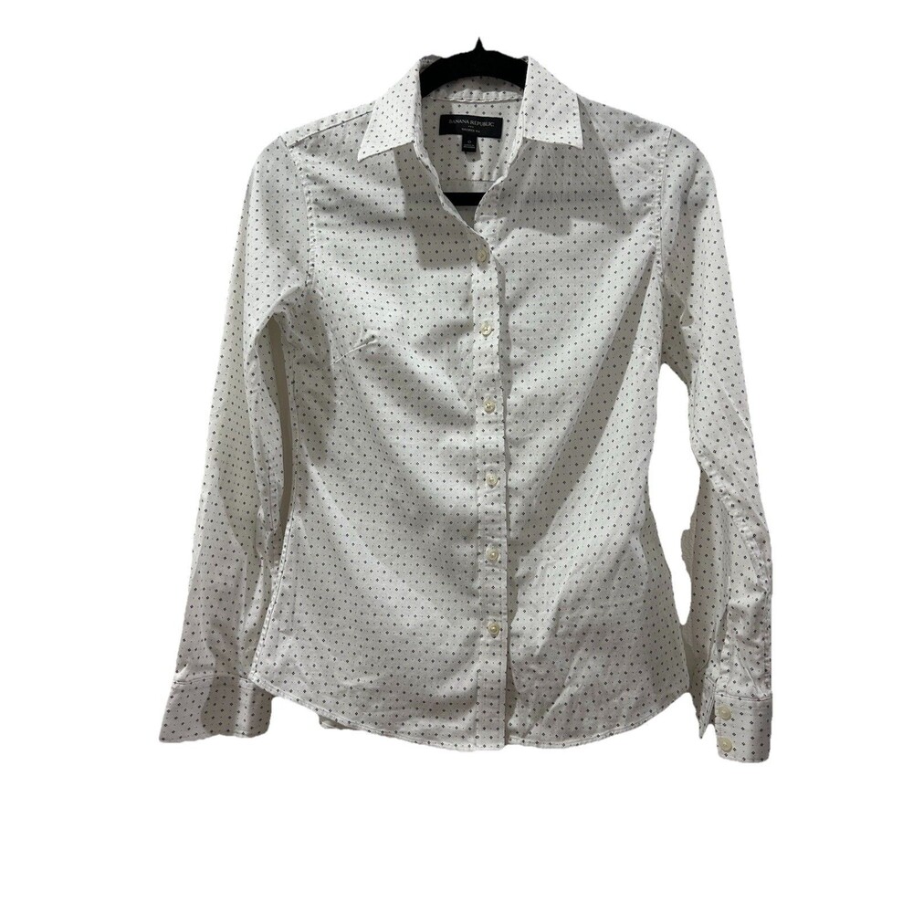 Banana Republic Womans Sz 0 Top White Black Polka Dot Button Down Long Sleeve
